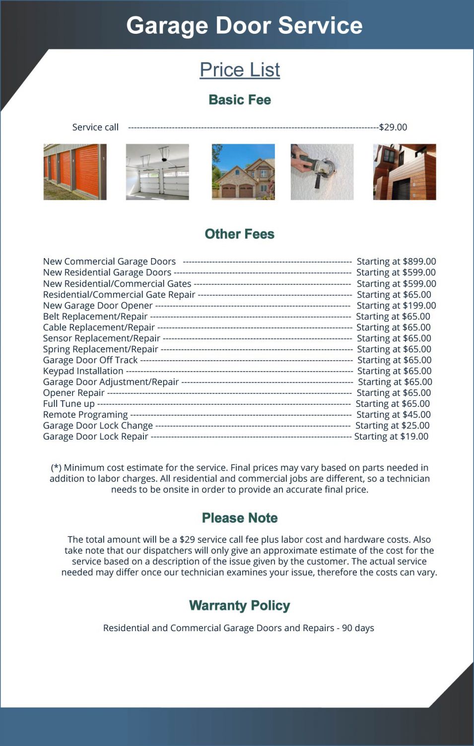 Price List Golden Garage Door Service